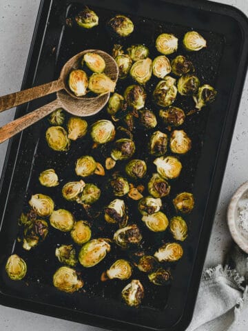 Oven Roasted Brussels Sprouts on a baking sheet