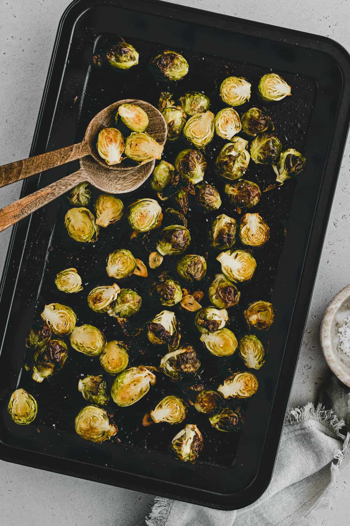 Oven Roasted Brussels Sprouts on a baking sheet