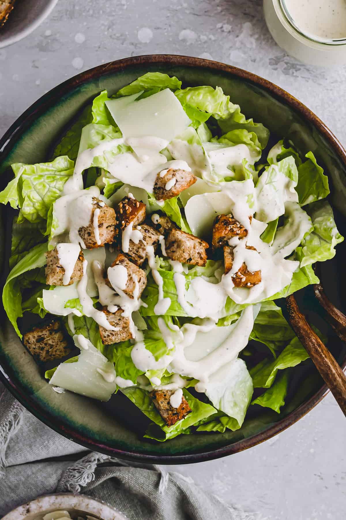 vegetarian caesar salad in a large bowl