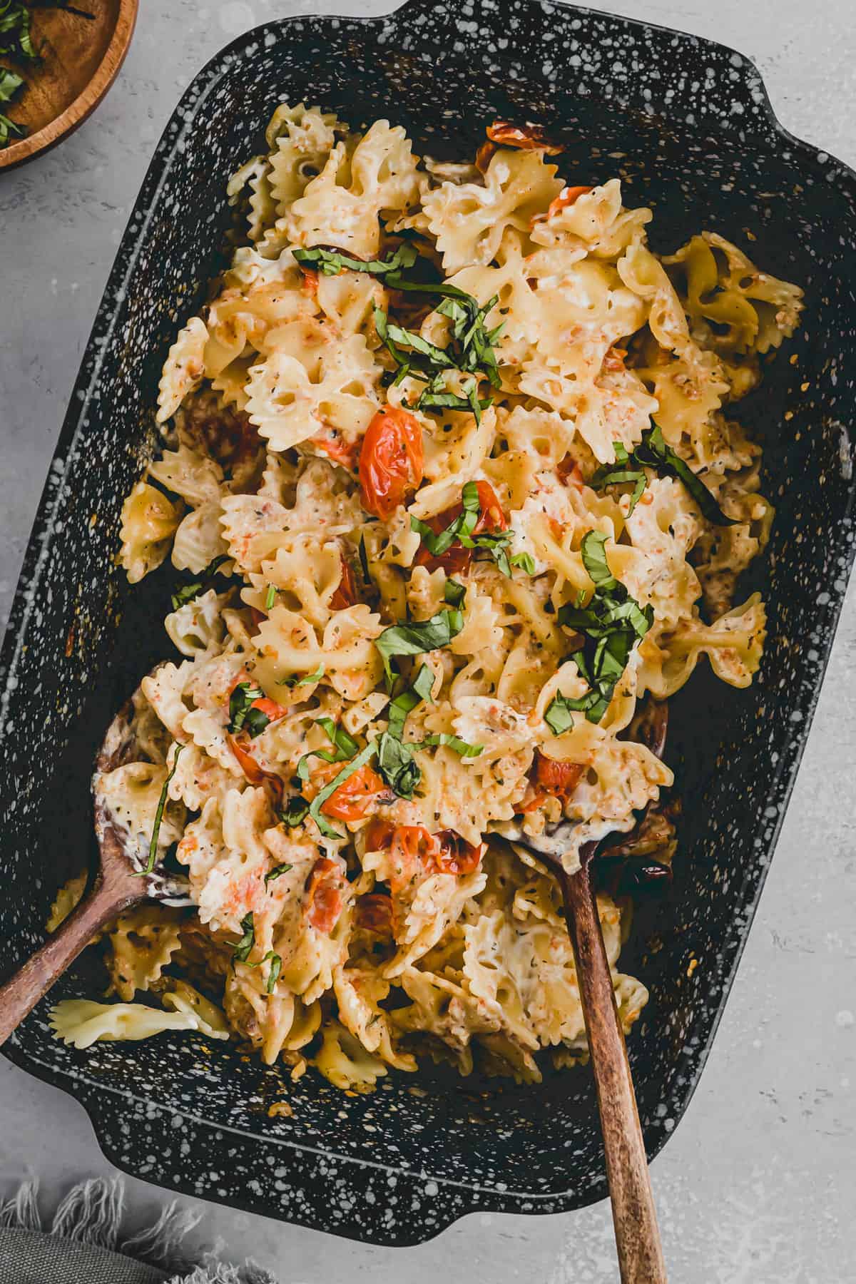 Baked Cream Cheese Pasta & Tomatoes in a Baking Dish