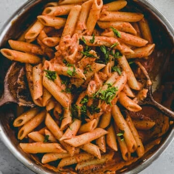 vegan penne alla vodka in a skillet