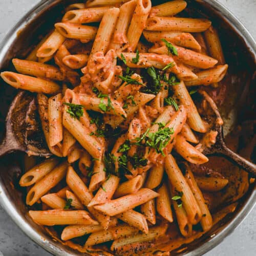 vegan penne alla vodka in a skillet