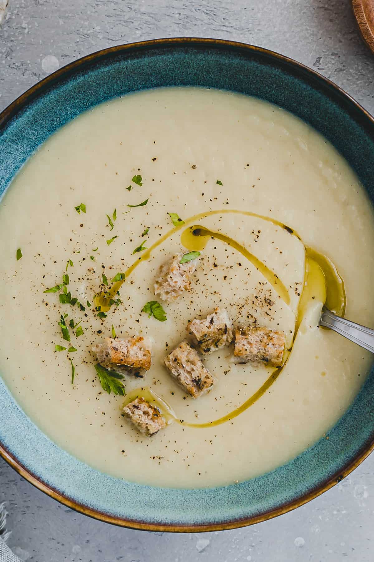 close-up shot of homemade celeriac soup