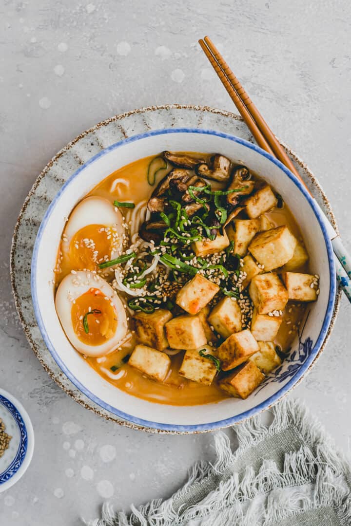 miso ramen with tofu in a ramen bowl