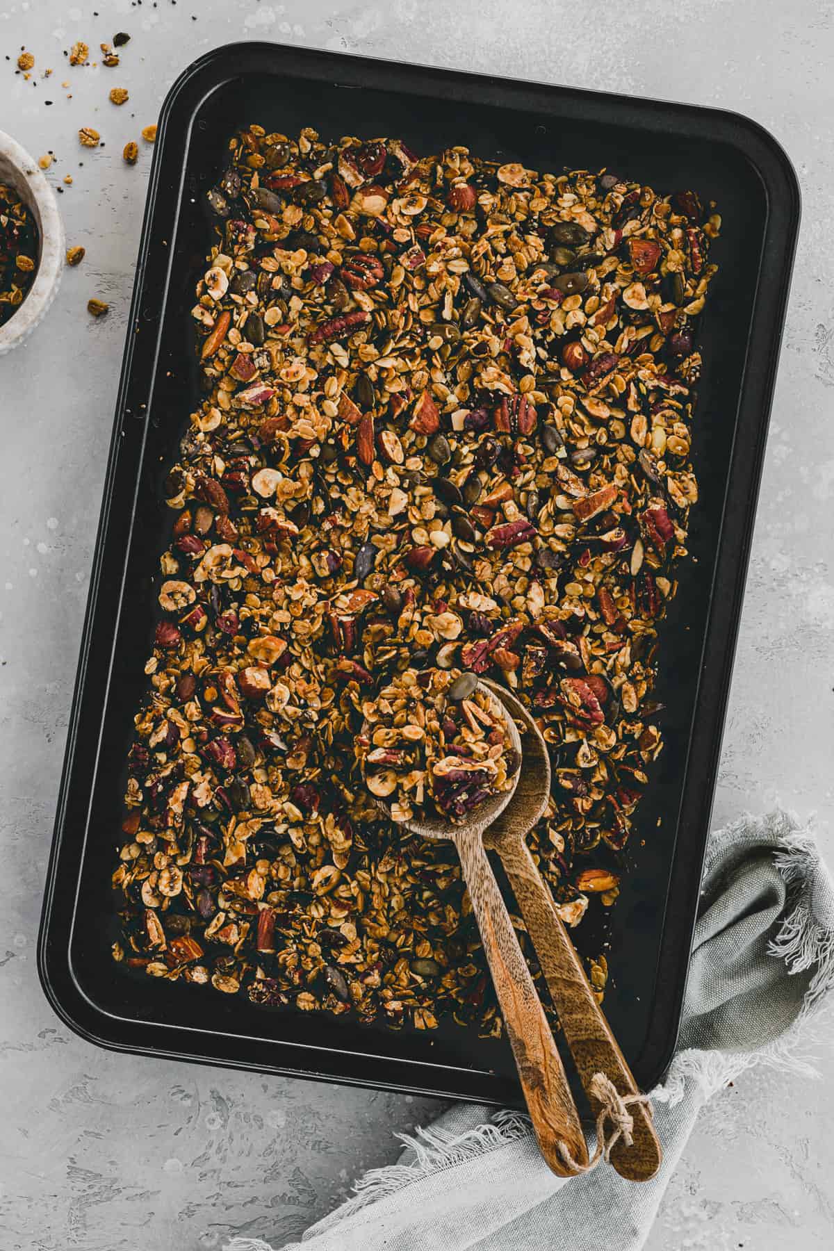 homemade nut granola on a baking sheet