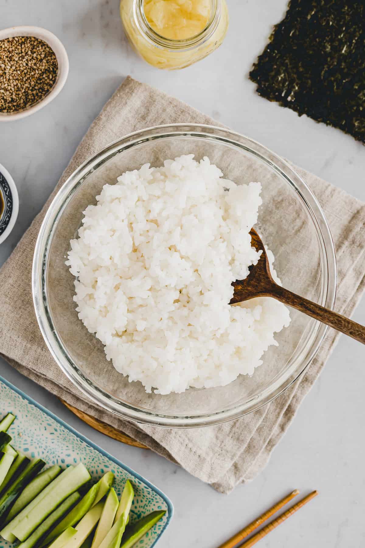 sushi rice in a glass bowl