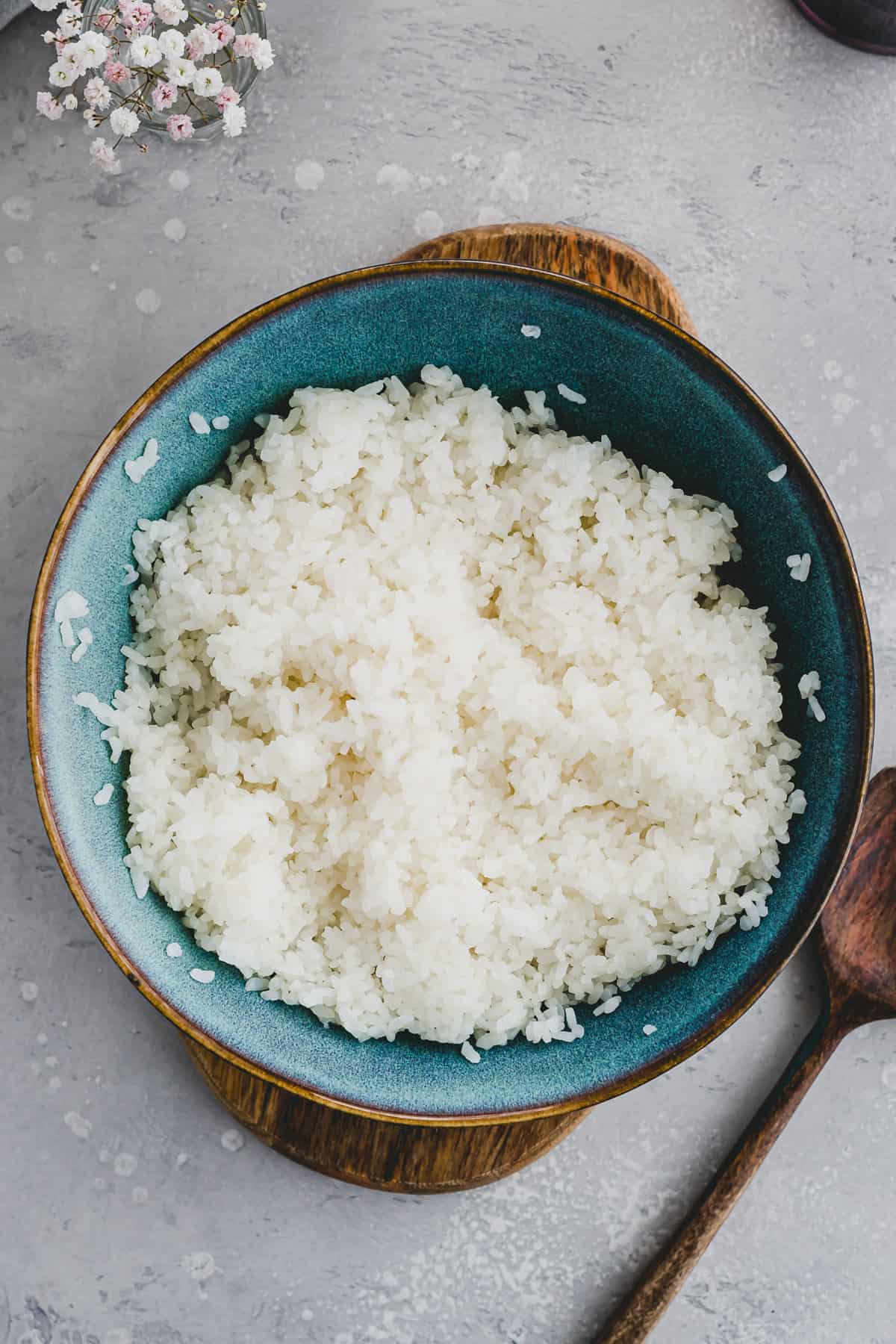 homemade sushi rice in a blue bowl