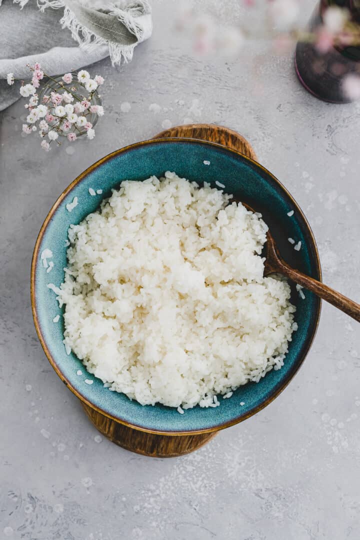 sushi rice in a blue bowl