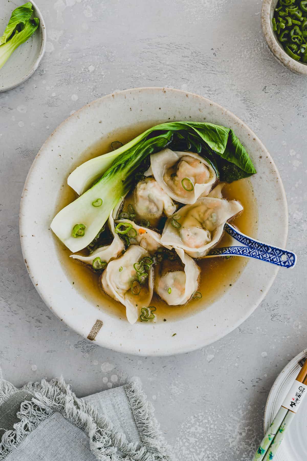 Vegan Wonton Soup served in a soup bowl