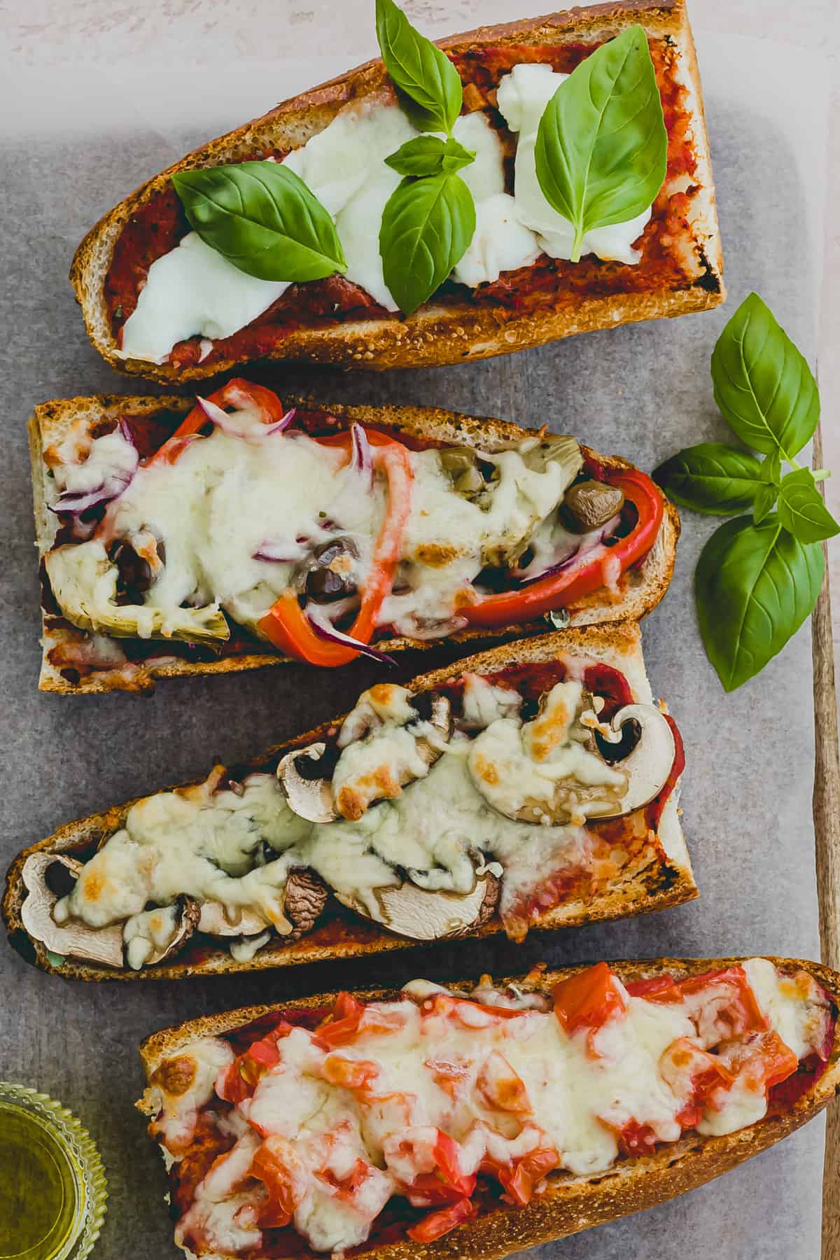 close up shot of vegetarian baguette pizza