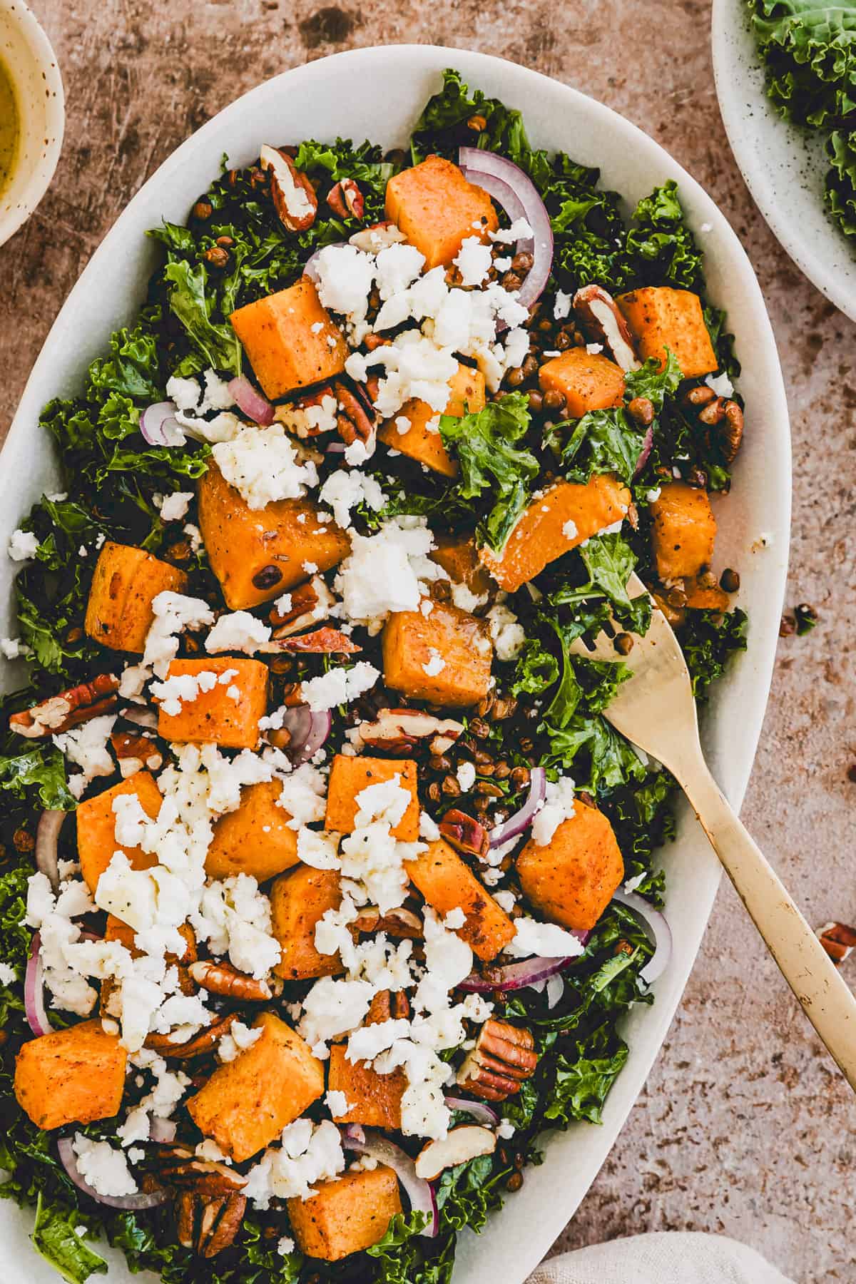 kürbissalat mit linsen, grünkohl, und feta auf einer platte serviert