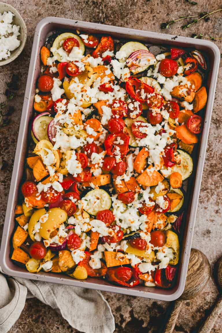 oven Roasted Vegetables with Feta on a sheet pan