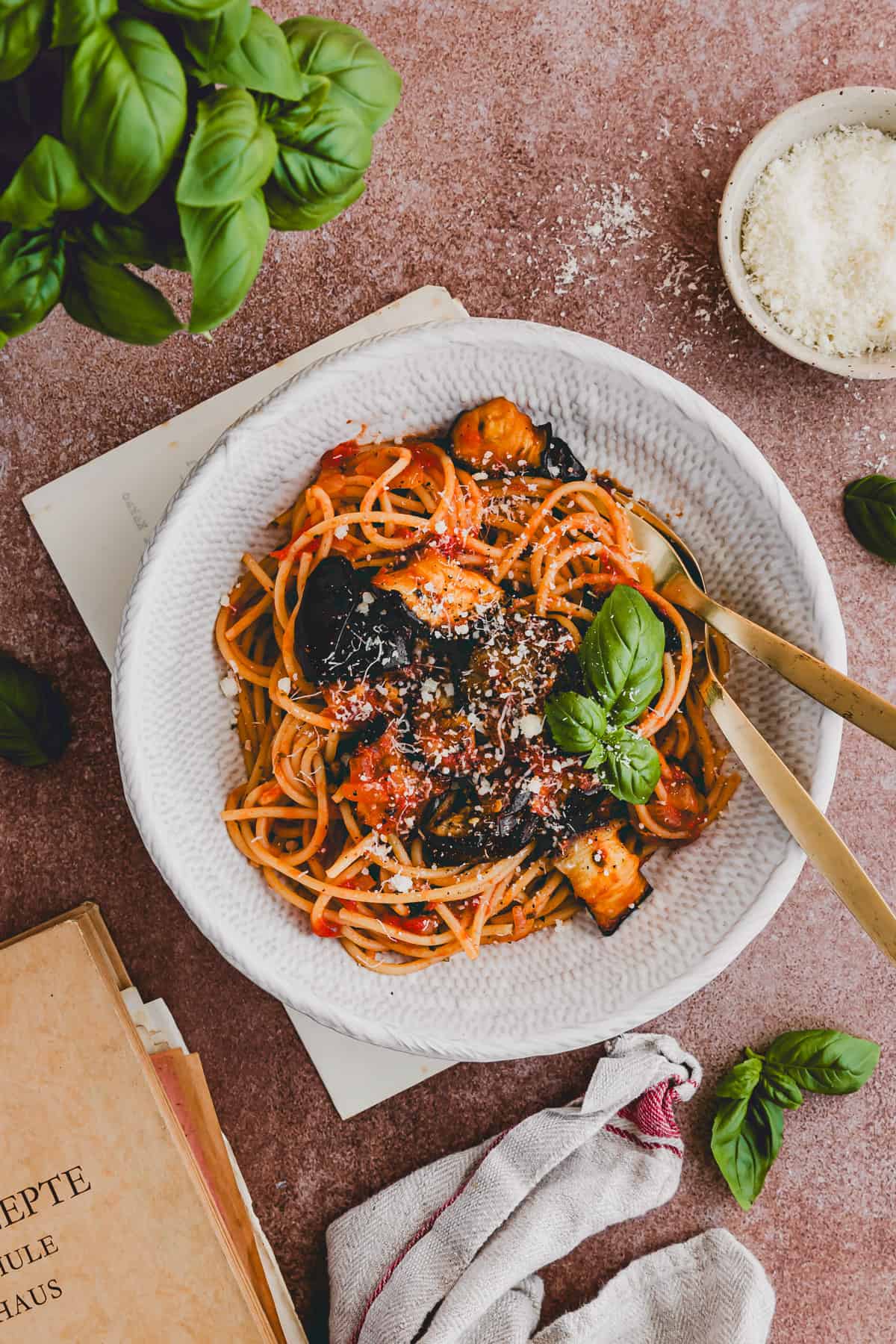 pasta alla norma served in a bowl