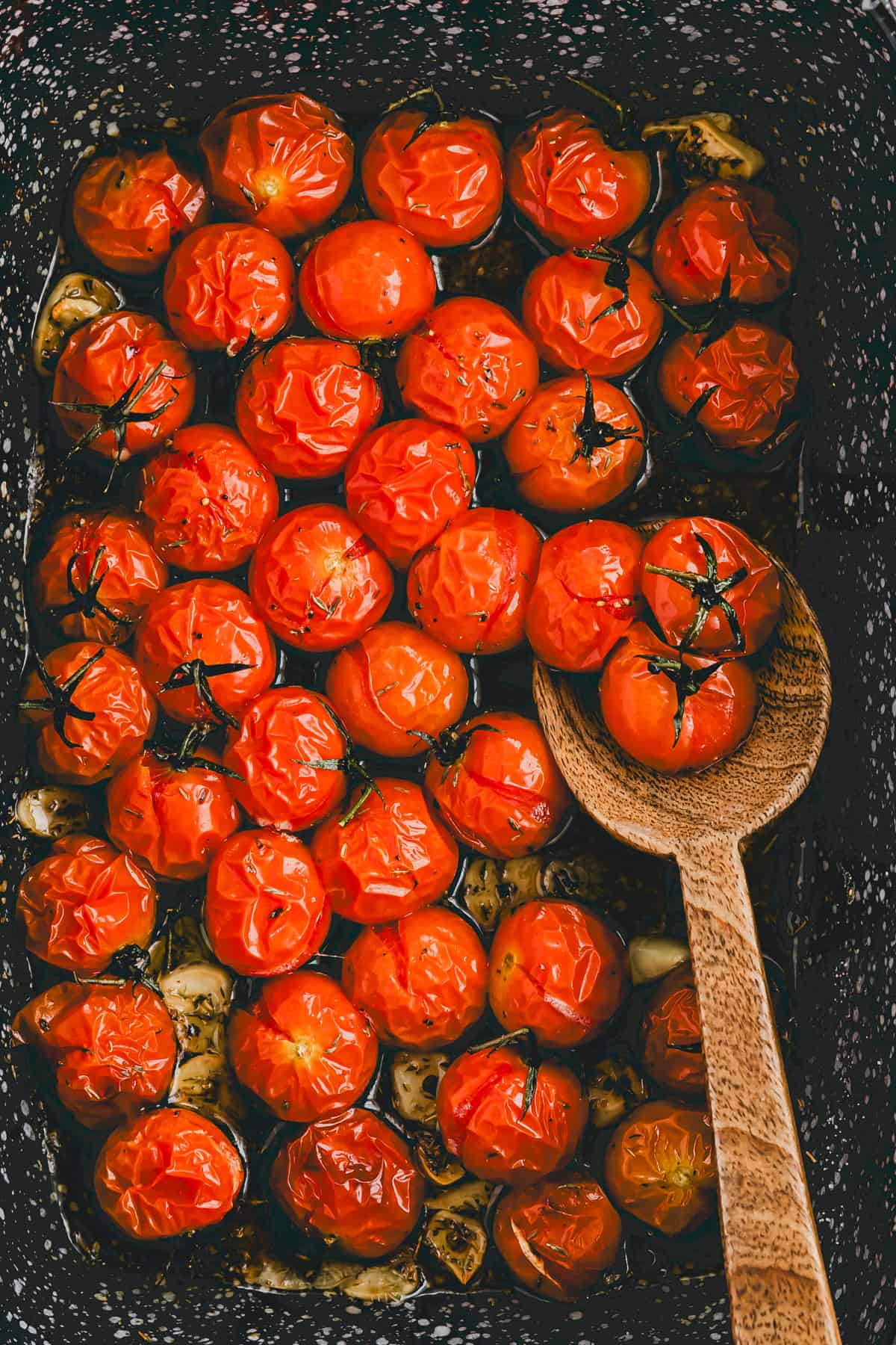 close up shot of oven baked cherry tomatoes