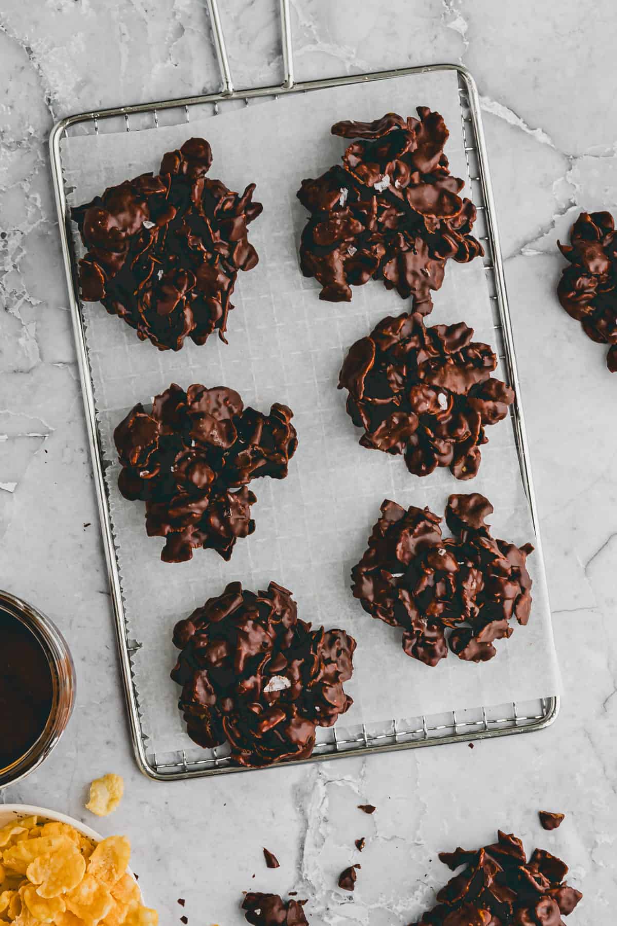 Chocolate Cornflakes Cookies on a wire rack