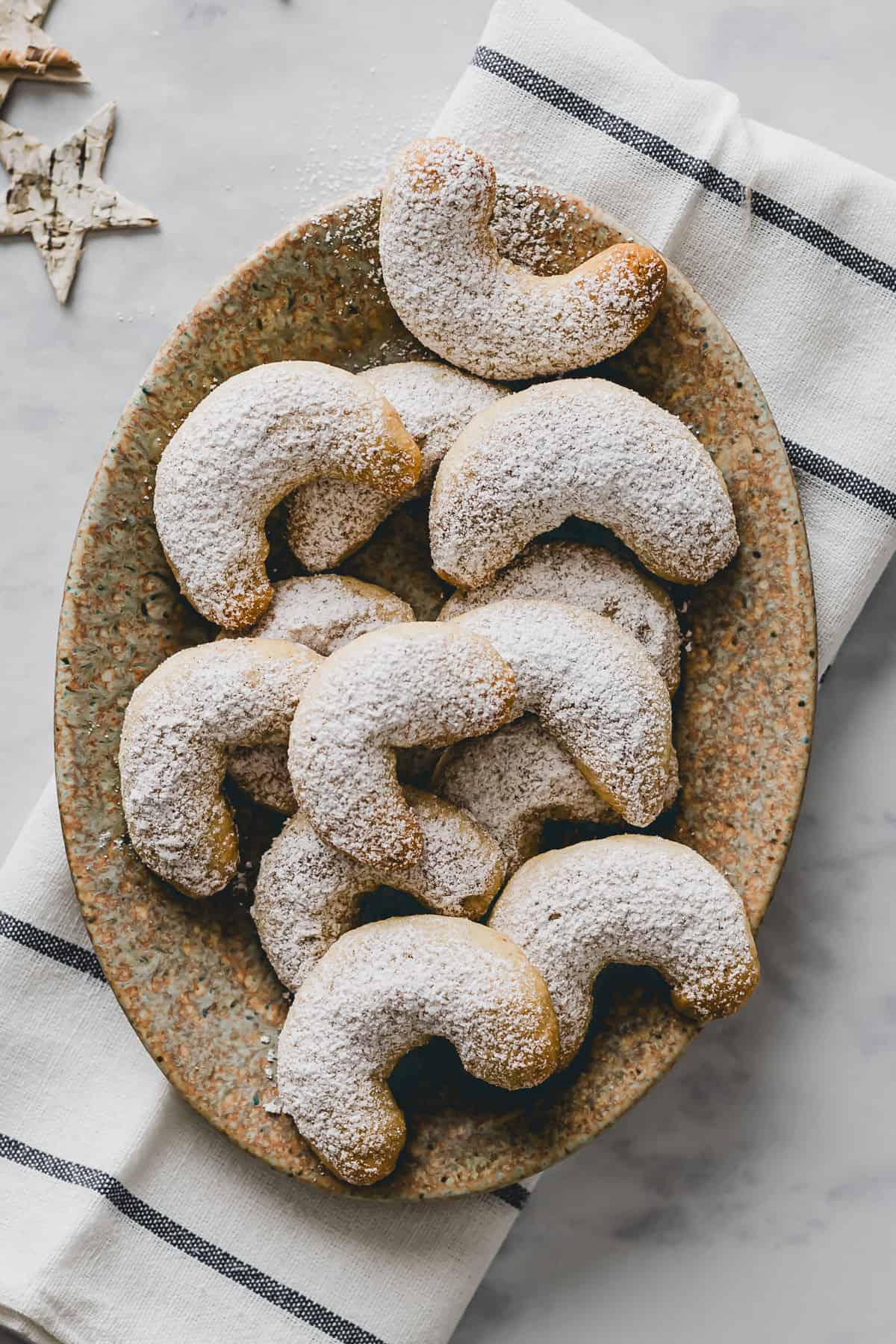 Vegan Almond Crescent Cookies on a plate