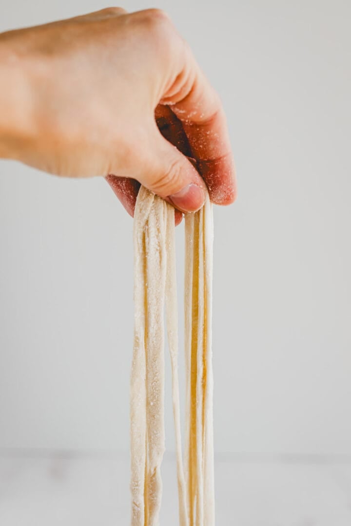 a hand holding homemade udon noodles