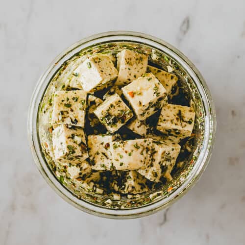 vegan feta cheese in a jar