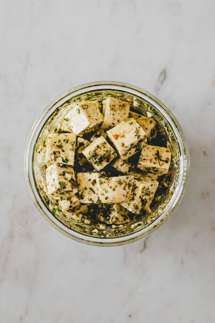 vegan feta cheese in a jar