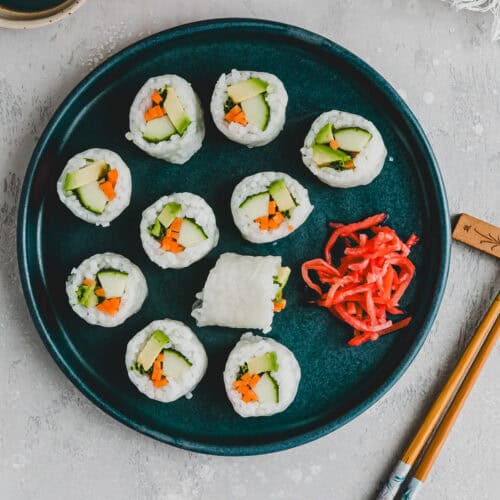 rice paper sushi served with pickled ginger and soy sauce