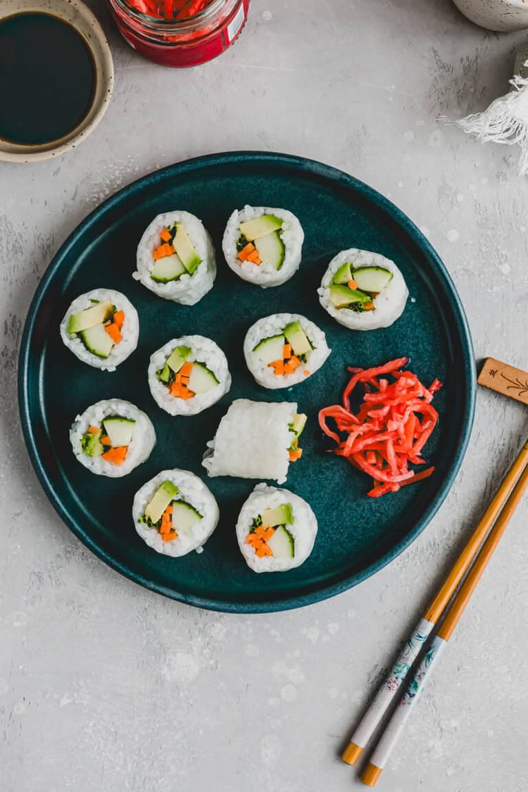 rice paper sushi served with pickled ginger and soy sauce