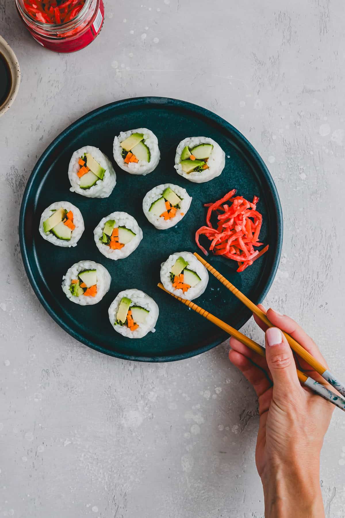 vegetarian rice paper sushi rolls on a plate