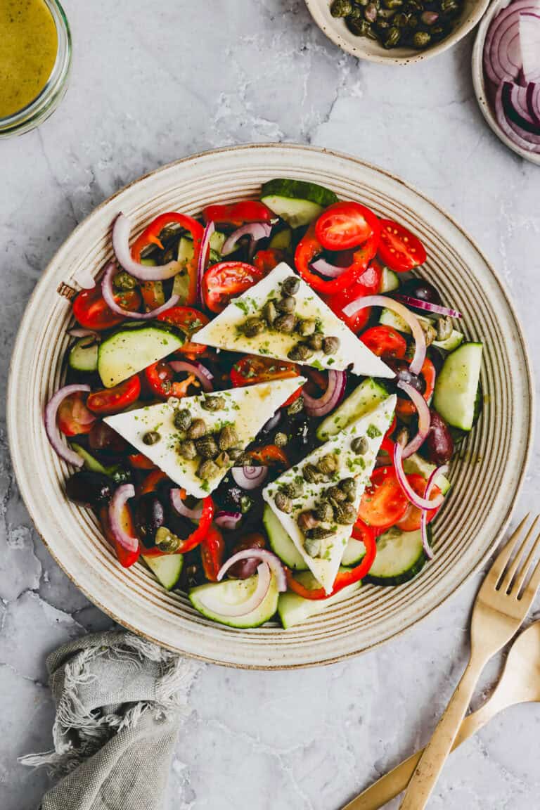 traditional greek salad served in a salad bowl