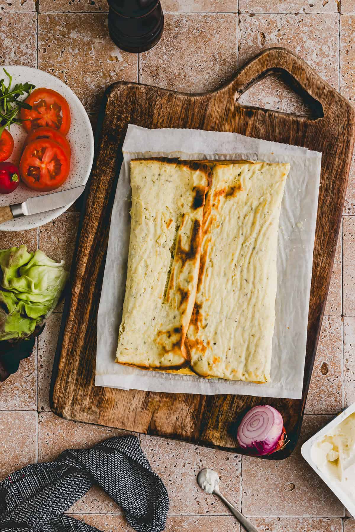 cottage cheese flatbread on a cutting board