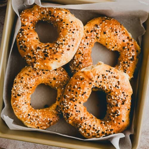 air fryer cottage cheese bagels in a baking pan