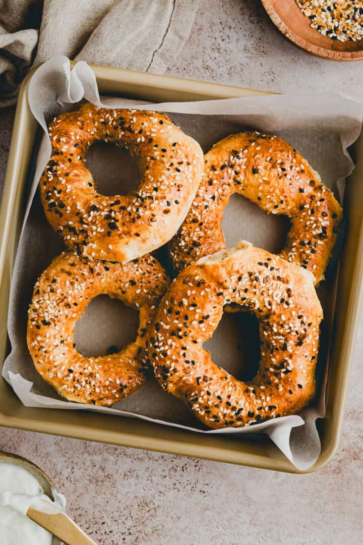 air fryer cottage cheese bagels in a baking pan