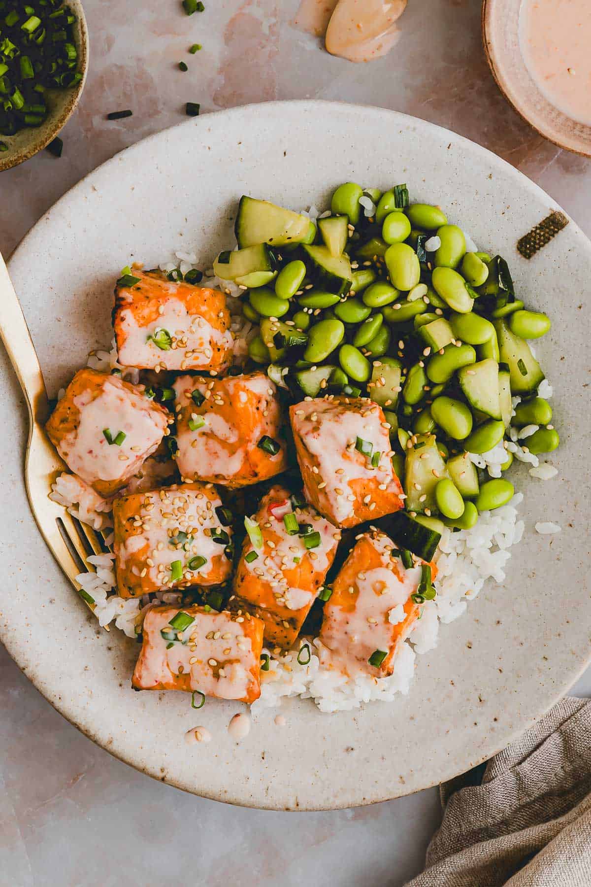 Lachs Bowl mit Reis und gurken edamame salat in einem teller
