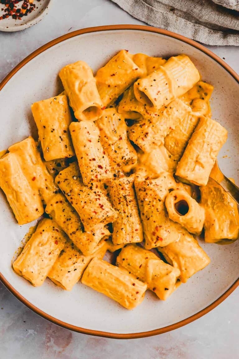 Pumpkin Cottage Cheese Pasta served in a bowl