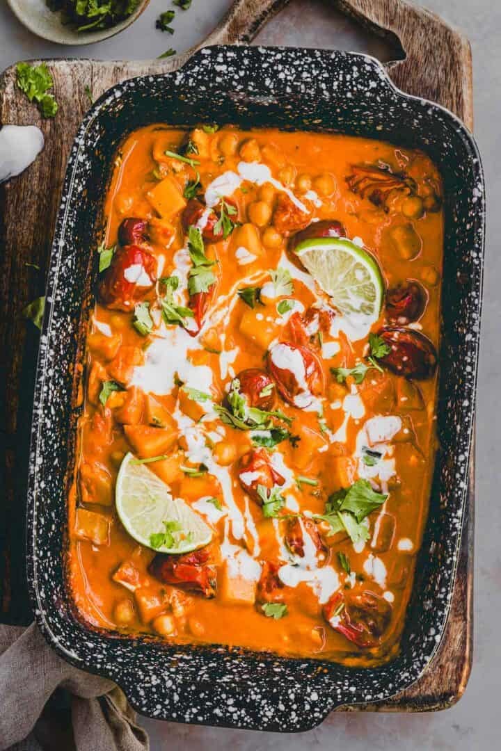 Butternut Squash Chickpea Curry in a baking dish